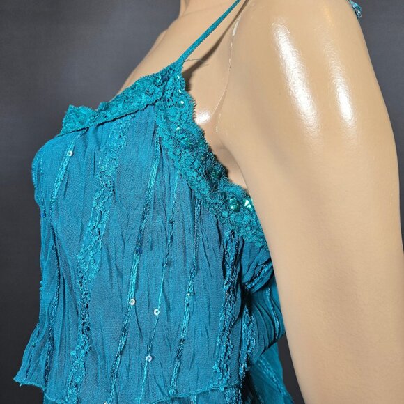 Y2K Blue Sequin Layered mesh Babydoll Top Sleeveless Camisole Size L Fairy Boho - Picture 6 of 11